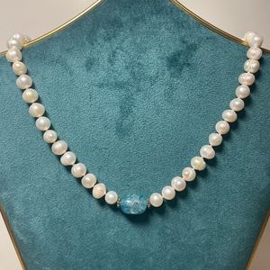 Freshwater Pearl necklace with turquoise glass bead center. Handmade and new.